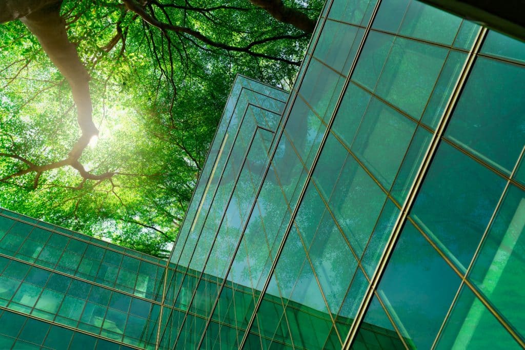 immeuble en verre au milieu d'arbres